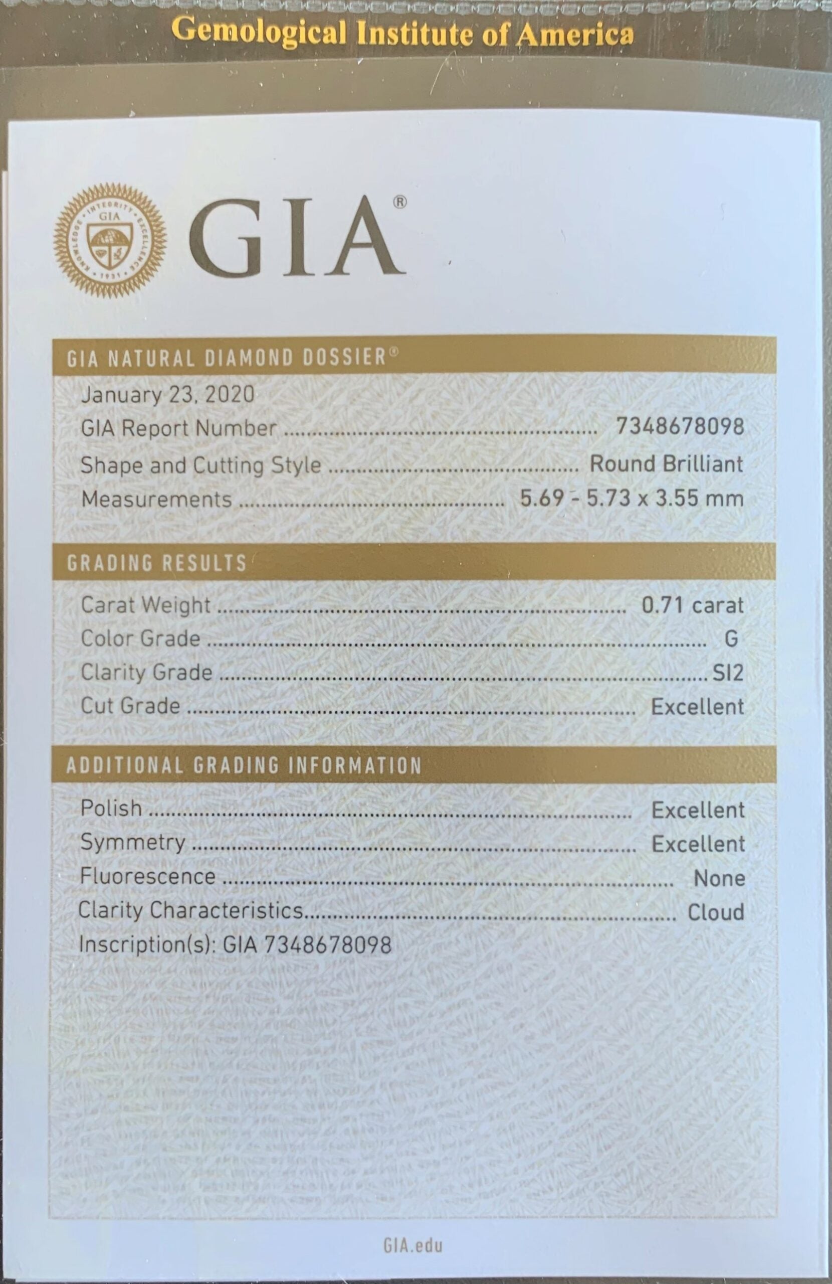 0.71 ct G SI2 Round Brilliant Cut Diamond