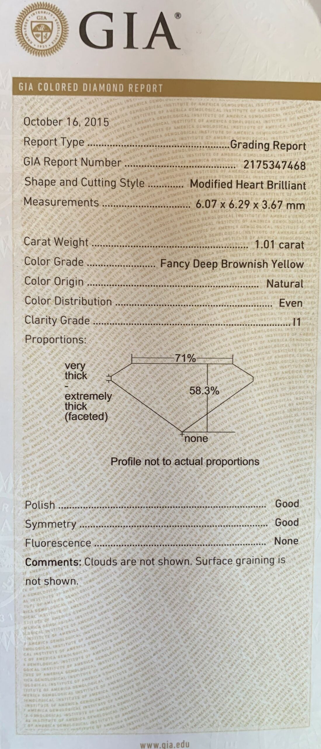 1.01 ct Fancy Deep Brownish Yellow Heart Shape Diamond
